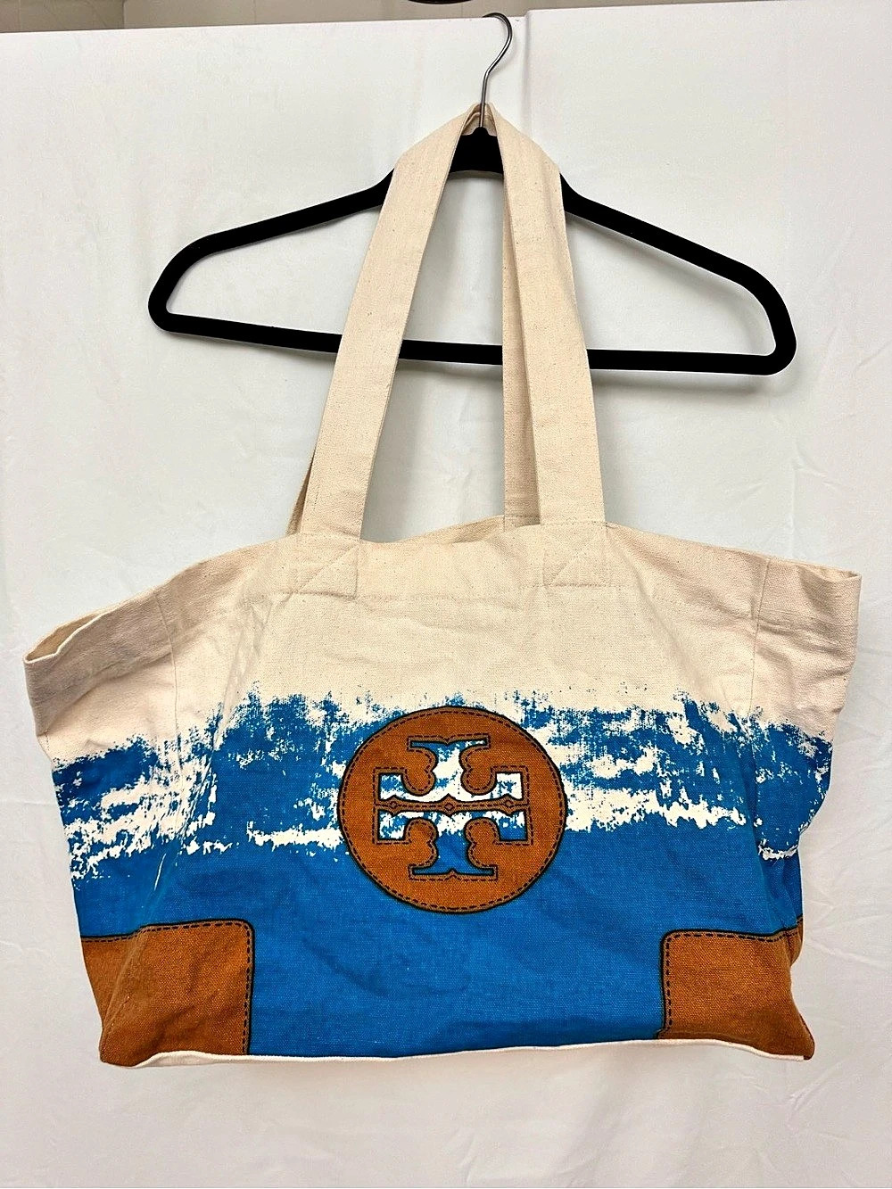 Tory Burch Canvas Tote Bag in Blue Cream & Tan